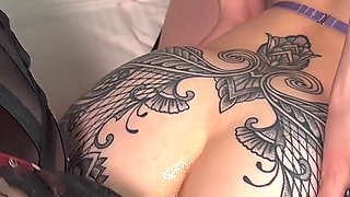 Double Strap on Lesbian Threesome with Spit Roast and Anal Slut