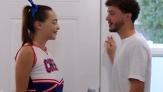 Steamy cheerrlerader chick with big tits gives a great head and then she gets nailed by a young stallion