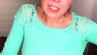 Busty curly brunette with big boobs fucks on couch