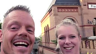 Pierced blonde babe cockriding in public