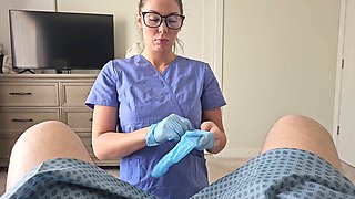 Gloved nurse gives prostate exam and keeps going with a handjob until he releases