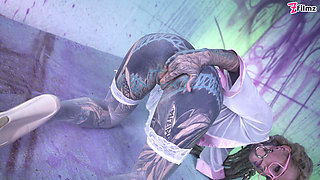 Tattood Girl with Glasses and Buttplug Fucks a Tattooed Dick, DP, Facial