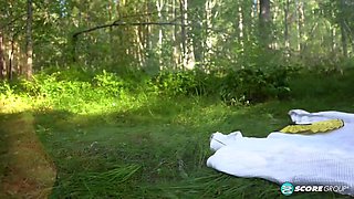 Erika and Margo, both 19, have hardcore lesbian sex outdoors complete with tit sucking, pussy licking and fingering next to a lake.