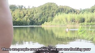 Big-Titted Babe Blows a Nerd on the Beach