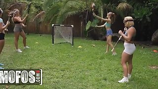 Slutty and hot blonde gets fucked in her mouth and rides a cock in passion at a soccer field