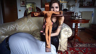 Femdom chick punishing her masked slave