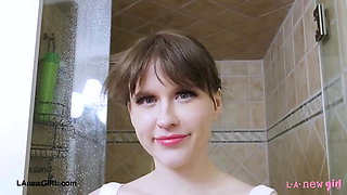 Fresh- faced blonde took a shower