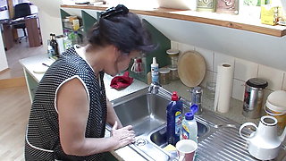 Cleaning lady 57 Helga fucked in the kitchen