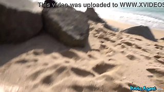 Beach stunner fucked on a public beach and then in personal swimming pool - public agent