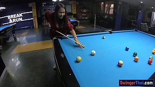Curvy bottom Thai GF plays pool and blowjobs