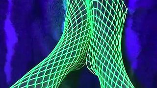 Tiny Asian Feet with Long Toes in Green Neon Fishnet