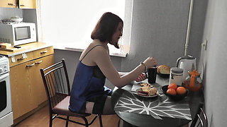 Cute Girl. Sexy Assol in Erotic Lingerie Peignoir Stockings Makes Coffee in Kitchen. Fetish. Erotica of Beautiful Woman. Perfect