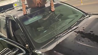 Sexy ebony slut masturbates on my car and then gets fucked in an underground parking area
