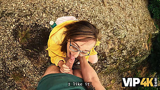 VIP4K. Crazy girl hiker fucks in the forest