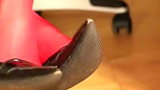 Red Stockings & Stiletto Footplay Under Leggings