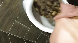 Kinky slut cum humiliation in men toilet