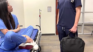 Petite asian nurse pounds on patient's hard dick