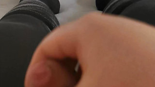 Fat man masturbates in riding leggings and riding socks