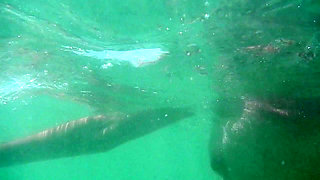 My tits underwater on public beach