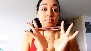 Hot Latina babe Saturno Squirt finishes her makeup and starts pleasuring her smooth-shaven kitty with multiple orgasms