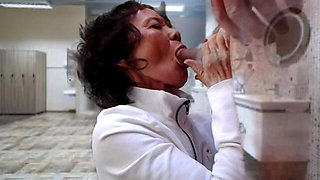 Granny Sucks Cock in Public Restroom Again