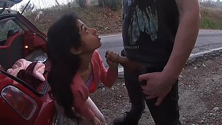 Diminutive dark-haired is about to have casual fuck-fest in a public place, in the late afternoon