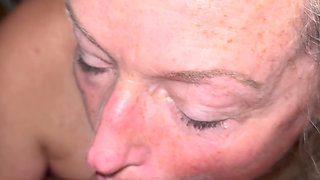 Oral MILF Blonde, Freckles, Green Eyes Sucks Daddy