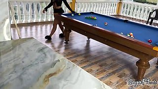 Sayafit and Anissa Miller play with pool balls and the cue between their big buttocks - Brian Evansx