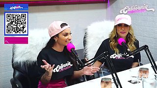 Flavia Oliver performs oral sex on Natasha Steffens during the recording of the California Podcast