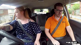 Bigass ginger throats and rides driving tutor in car