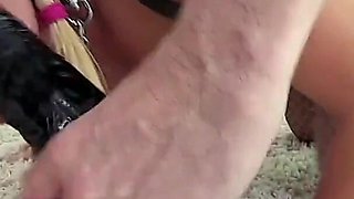 Sexy blonde drinks from a bowl like a dog and then gets fucked and spanked by eager men