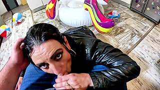 Dominant Biker Leather MILF Inflatable Office Fantasy. Beach Balls, Oral, Doggy and Cum Play