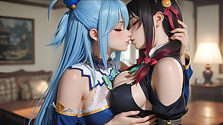 Sfw Aqua and Yunyun From Konosuba Soft Show Touching and Kissing Lesbian