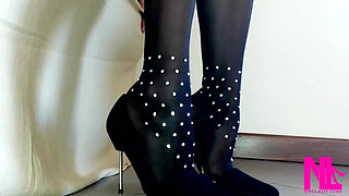 Sensual Dangling and Seducing in Black Wolford Pantyhose and Black Pumps with Metal Heels