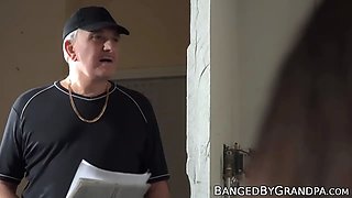 Young lady shoots an erotic film and has sex with an old man