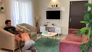 Teens in denim and piggy braids sucking cock in a raunchy home vid
