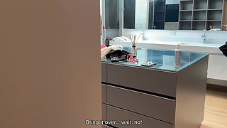 Stepdad fucks his inked redhead Latina stepdaughter in a shower