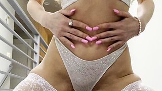 Sexy Blonde Babe With Big Boobs Strips Bra