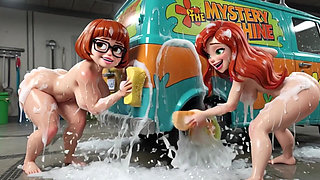Velma and Daphne Enjoy a Sensual Soapy Nude Car Wash Cleaning the Classic Mystery Machine Van Thoroughly