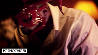 Anissa Kate with 4 masked men