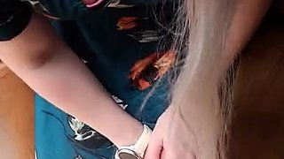 Brunette enjoys foot fetish outdoor