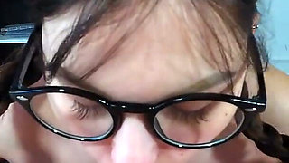 Real Hot Young Wife, Glasses, Pigtails and a Hot Blowjob