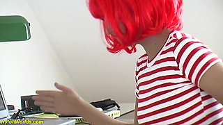 My busty nylon doll at work