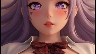 Hentai Shoolgirl Cosplay Mastubrates in Bed, Violet Hair