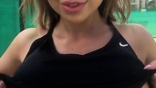 Blonde is flashing her big boobs in the outdoors