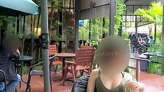 Public flashing in the cafe without panties.