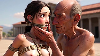 Woman in Public Bondage - Old Man Caressing Her While Shes Desperate & Horny
