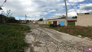 Public Cum Swallow Behind Garages During the Walk - POV