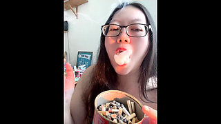 Real Smoking Asian MILF: Smoking While I Put on Lipstick and Flash My Milky 38C Breasts