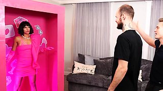 Hot Brunette in Pink Lingerie Sucks and Fucks Tattooed Stud